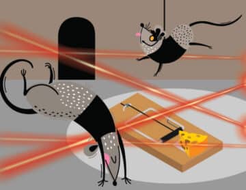 cartoon graphic of two mice dressed as burglars evading mouse traps and lasers