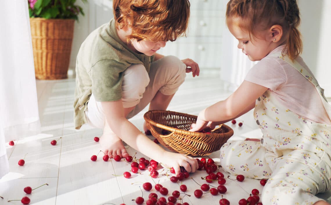 Kids eating cherries off the floor